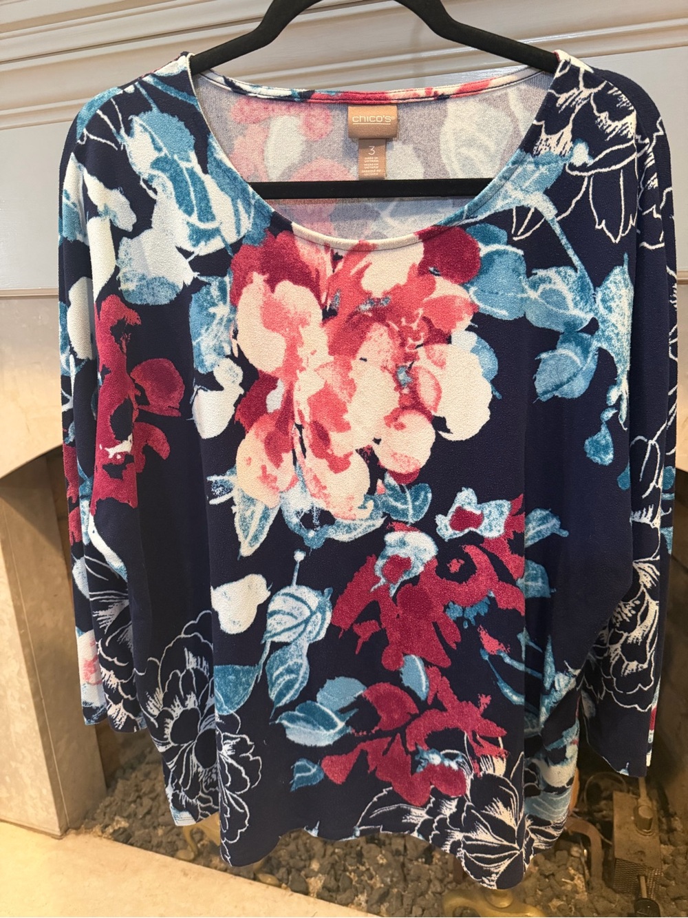 Chico's Navy Floral Scoop Neck Long Sleeve Sweater w Pink & Blue Blooms size XL